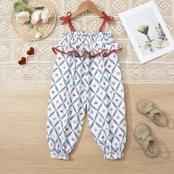 Girls Romper Blue Vintage Print Ruffle Sleeveless Jumpsuit Adjustable Straps Lantern Leg Summer Play Outfit 2-8 Years,Size 5-6T