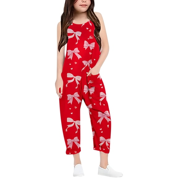 Girls Romper Bow Print Jumpsuits Rompers for Girls Spaghetti Strap Overalls with Side Pockets Girls Summer Outfits 7-8 Y