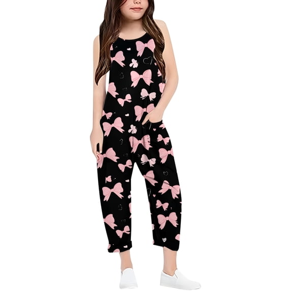 Girls Jumpsuit Bow Print Summer Rompers for Girls Sleeveless Overalls with Side Pockets Summer Clothes for Teens 13-14 Y