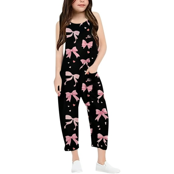 Girls Romper Bow Print Rompers for Girls Spaghetti Strap Rompers with Pockets Cute Clothes for Girls 7-8 Y