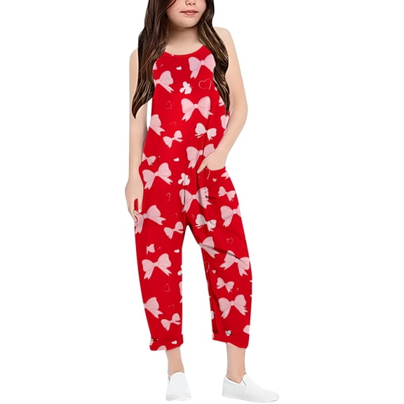 Girls Romper Bow Print Jumpsuits Rompers for Girls Spaghetti Strap Overalls with Side Pockets Summer Outfits for Girls 7-8 Y