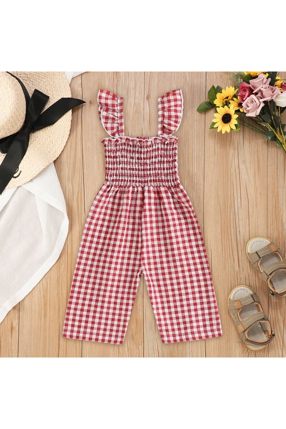 Girls Romper Girls Sleeveless Flutter Lattice Print Romper Jumpsuits Girls Jumpsuit Red 12-18 Months