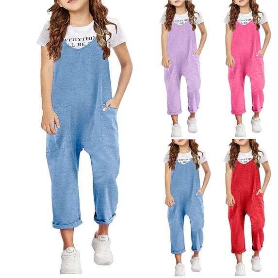 Girls Romper Girls Sleeveless Jumpsuits Spaghetti Strap Loose Overalls with Pocket Girls Jumpsuit Blue 8-9 Years