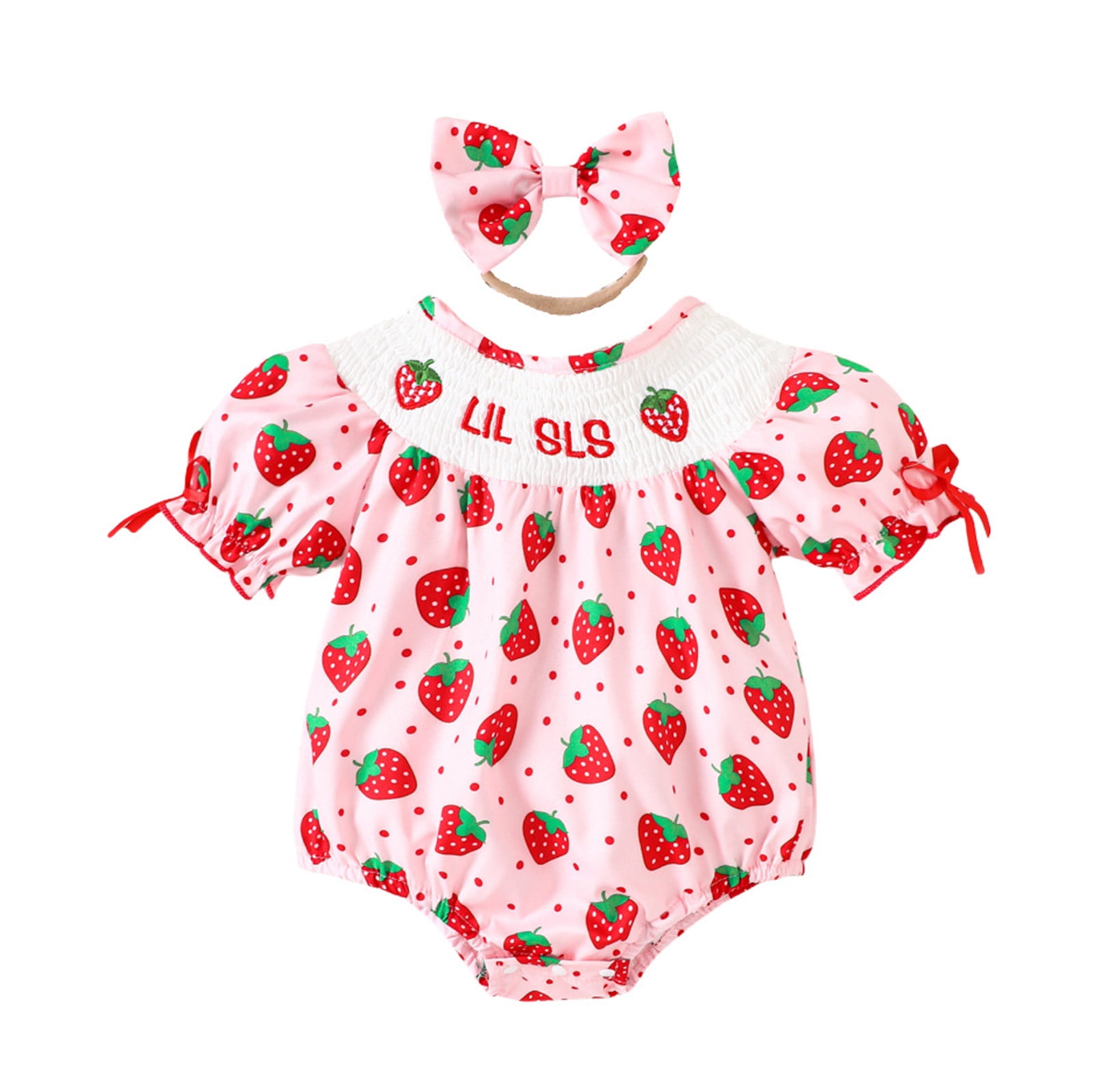 Girls Romper Baby Girls Summer Short Sleeve Strawberry Prints Romper Bodysuits Headbands Set Baby Romper Pink 6 Months-12 Months