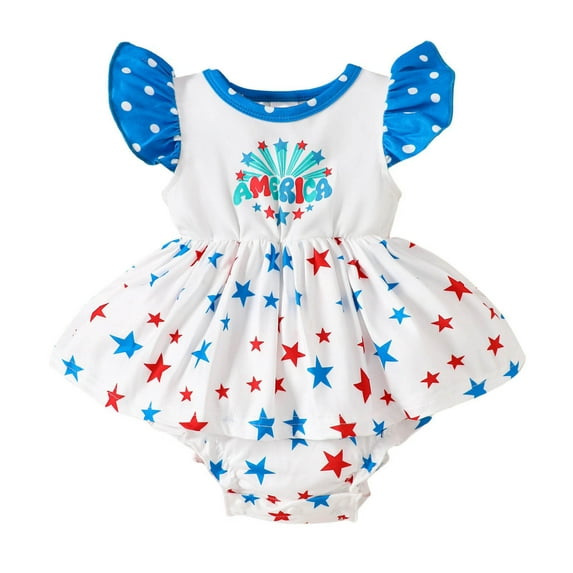 Girls Romper Infant Fly Sleeve Independence Day 4Th Of July Prints Romper Bodysuit Baby Onsies Blue 18 Months-24 Months