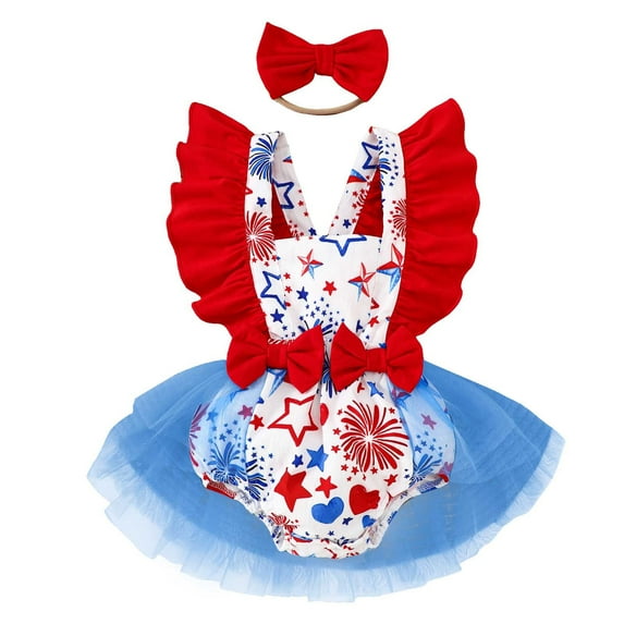 Girls Romper Girls Fly Sleeve Independence Day 4Th of July Prints Romper Bodysuits Dress Baby Bubble Romper Red 0 Months-3 Months