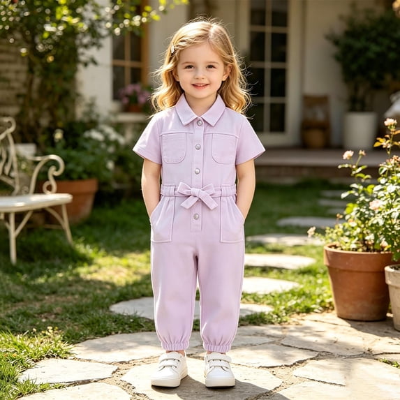 Girls Romper & Jumpsuit for Toddlers and Kids Short Sleeve Solid Ruffle-Free -Piece Outfit for Everyday Casual Wear and Outdoor Activities