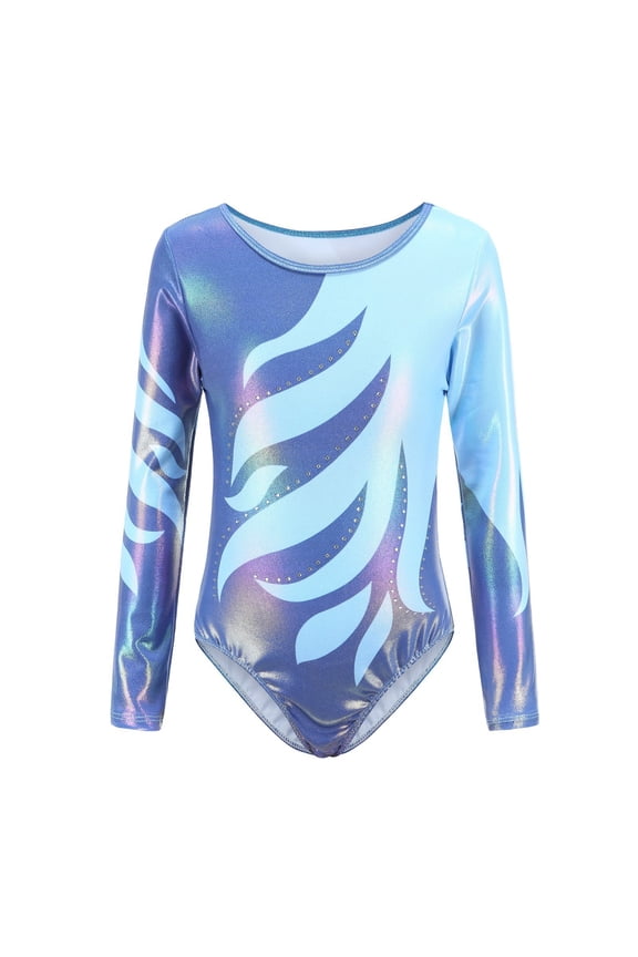 Girls Romper Long Sleeve Girls Dance Romper Glitter Rhinestone Gymnastics Stretchable Girls Jumpsuit Blue 9-10 Years