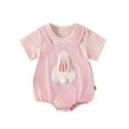 thumbnail image 1 of Girls' Romper Set With Fake Two Piece Design, Short Sleeve Bodysuit, Easter Bunny Egg Print Light Pink, 1 of 7