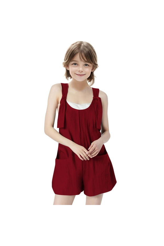 Girls Romper Shorts with Pockets Knotted Shoulder Strap One Piece Overall Jumpsuits Beach Casual Summer Outfits Loose (13 Years, Red)