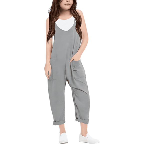 Girls Romper Sleeveless Summer Rompers for Girls Spaghetti Strap Overalls with Side Pockets Cute Outfits for Girls 5-6 Y