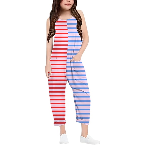 Girls Romper Striped Jumpsuits Rompers for Girls Sleeveless Rompers with Pockets Girls Outfit 5-6 Y