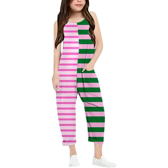 Girls Romper Striped Rompers for Girls Casual V Neck Suspender Overalls with Side Pockets Girls Fashion 4-5 Y