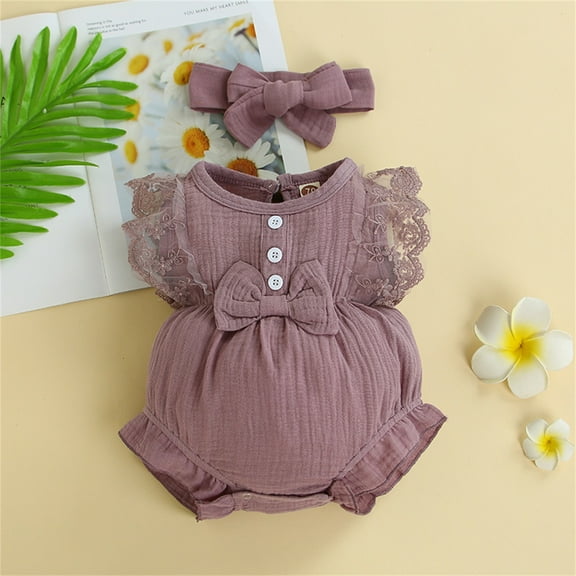 Girls Romper Trendy Baby Outfit Elegant Lace Design with Ruffles and Bow Detail for Headband Included Clothing