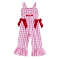 thumbnail image 1 of Girls Romper Valentine's Day Heart Embroidery Flared Denim Overalls with Adjustable Straps Casual Play Outfit for Toddler Pink 3 Years-4 Years, 1 of 6