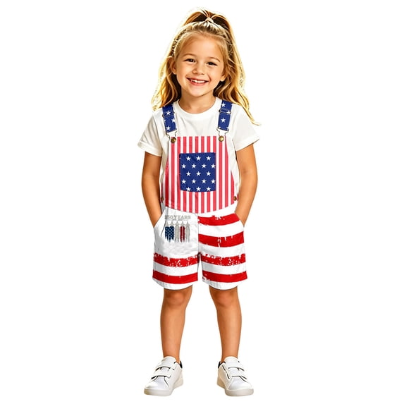 Girls Rompers Dynamic Patriotic Print Sleeveless Square Neck Kids Strap Short Jumpsuit Street Trendy Summer Outfit