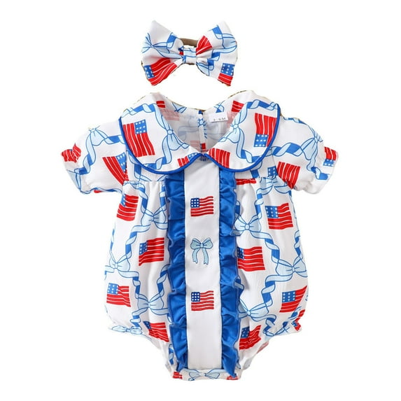 Girls Rompers Short Sleeve Independence Day 4Th Of July Prints Romper Bodysuits Baby Girl Onesies Blue 0 Months-3 Months