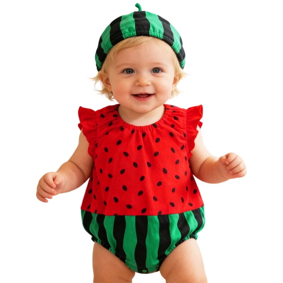 Girls Rompers Ruffled Ruched Graphic Print Sleeveless Crewneck Bodysuit Casual Girls Jumpsuit 1 Months-3 Months