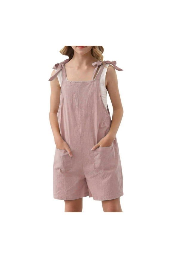 Girls Rompers Sleeveless Solid Color Adjustable Tie Up Strap Short Jumpsuits Clothes With Pocket Size 5 Y-6 Y