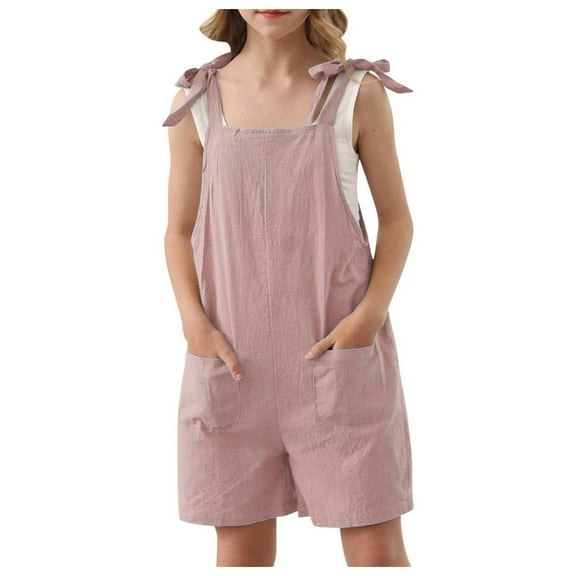 Girls Rompers Sleeveless Solid Color Adjustable Tie Up Strap Short Jumpsuits Clothes With Pocket Size 5 Y-6 Y