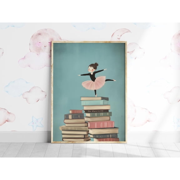 Girls Room Ballerina Reading Print Pastel Ballet Reader Decor Bookworm Wall Art Study Playroom Dance, Unframed Paper Poster 8x10in
