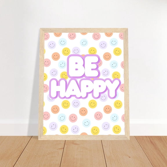 Girls Room Wall Art | "Be Happy" Print | Playroom Decor | Smiley Face Positive Quote Poster | Pastel Happy Aesthetic, Unframed Paper Poster 8x10in