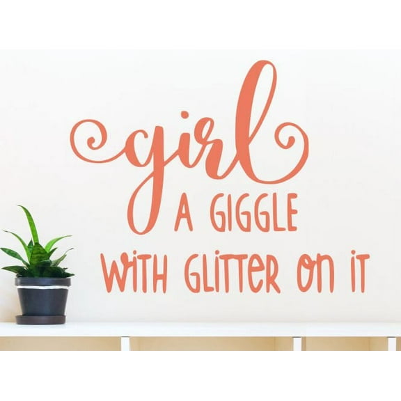 Girls Room Wall Quote Decal Giggle with Glitter Teen Art Decor Sticker 30x23-Inch Coral
