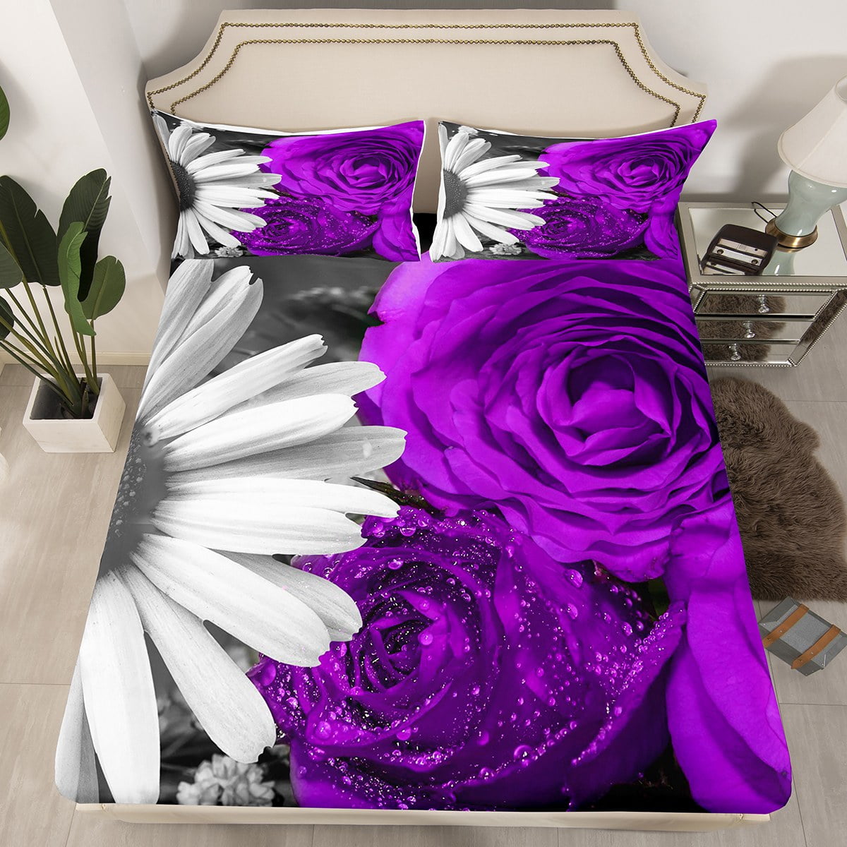 Girls Rose Bed Sheets Set Queen, Purple Gray Black Rose Bedding, 3D ...