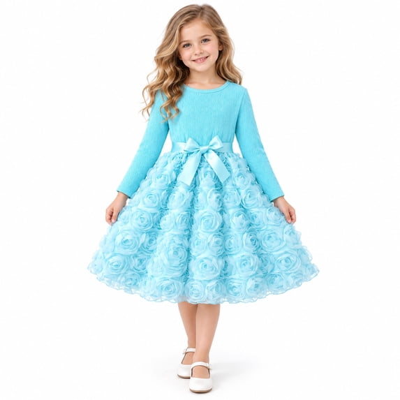 Girls Rosette Dress Long Sleeve Crew Neck with 3D Floral Skirt, Bow Waist, Solid Color Party Dress for Christmas, Birthday and Pageant