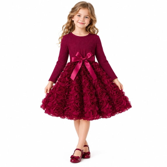 Girls Rosette Dress Long Sleeve Crew Neck with 3D Floral Skirt, Bow Waist, Solid Color Party Dress for Christmas, Birthday and Pageant