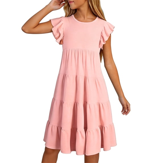 Girls' Round Neck Puff Sleeve Cake Dress for Kids - Everyday Party Outfit for Young Girls 4-8 Years