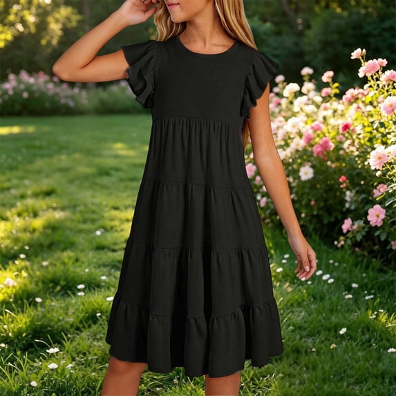 Girls' Round Neck Puff Sleeve Cake Dress for Kids - Everyday Party Outfit for Young Girls 4-8 Years