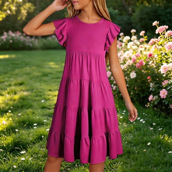 Girls' Round Neck Puff Sleeve Cake Dress for Kids - Everyday Party Outfit for Young Girls 4-8 Years