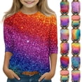 thumbnail image 1 of Girls Round Neck Shirt 3/4 Sleeve Loose Top, Glitter Rainbow Gradient Summer Blouse, 1 of 5
