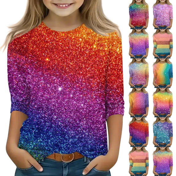 Girls Round Neck Shirt 3/4 Sleeve Loose Top, Glitter Rainbow Gradient Summer Blouse