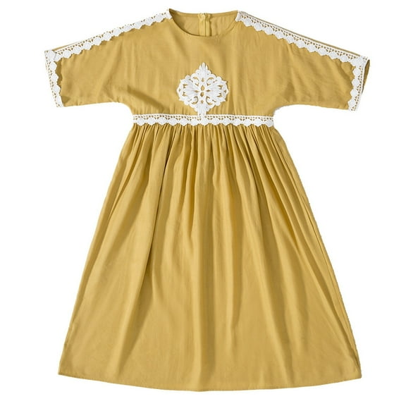 Girls Round Neck Short Sleeve Dress Kids Muslim Maxi Dress Kids Tshirt Dress Yellow 9Y