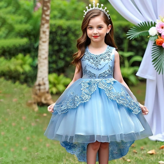 Girls Round Neck Sleeveless Princess Dress, Flower Girl Wedding Gown with Beaded Tulle Puffy Skirt, Junior Bridesmaid Party Dress for Birthday and Pageant, Age 3-14Y Light Blue 130