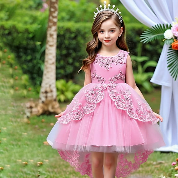 Girls Round Neck Sleeveless Princess Dress, Flower Girl Wedding Gown with Beaded Tulle Puffy Skirt, Junior Bridesmaid Party Dress for Birthday and Pageant, Age 3-14Y Pink 170