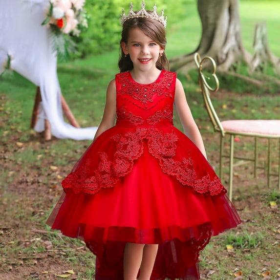Girls Round Neck Sleeveless Princess Dress, Flower Girl Wedding Gown with Beaded Tulle Puffy Skirt, Junior Bridesmaid Party Dress for Birthday and Pageant, Age 3-14Y Red 140
