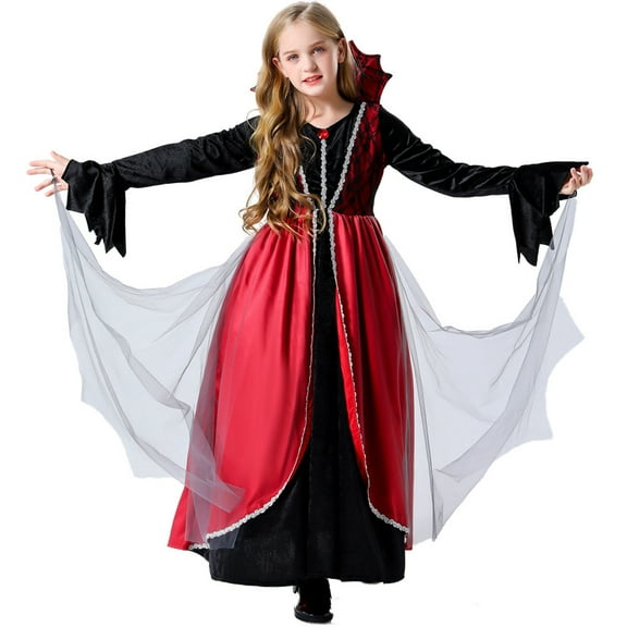 Girls Royal Vampire Costume Halloween Gothic Vampiress Queen Dress Up