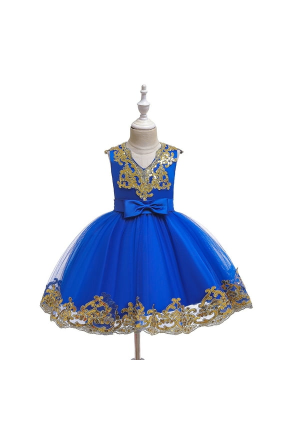 Girls Royal blue dress with Gold Without Sleeve  For wedding, Pageant, Prom, Christmas, Eid, Graduation, Birthday ages 6M-1tyears old