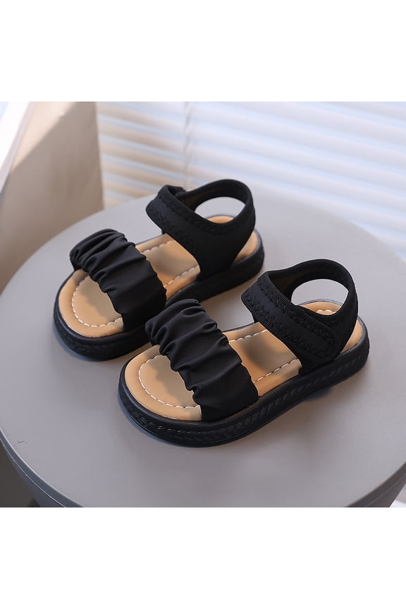 Girls Ruched Strap Chunky Sandals, Open Toe Adjustable Hook and Loop Summer Shoes for Toddler/Little Girls Black 8