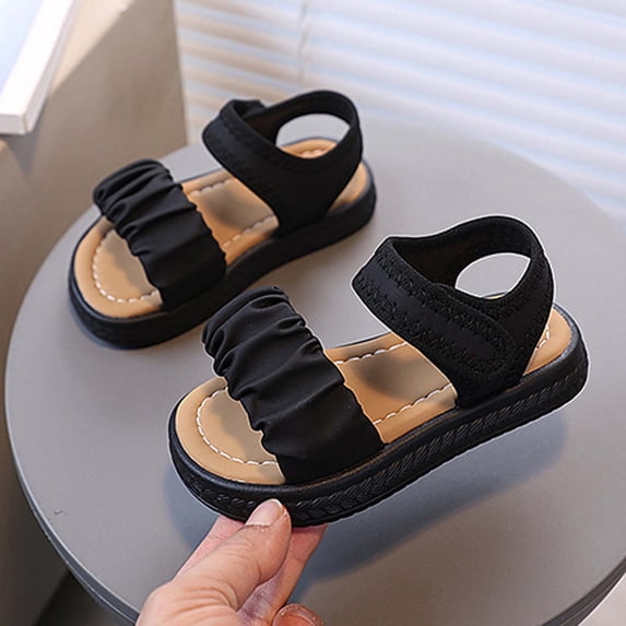 Girls Ruched Strap Open Toe Sandals Adjustable Hook And Loop Ankle Strap Comfortable Summer Shoes For Toddler And Kids Black Size 18-24 Months