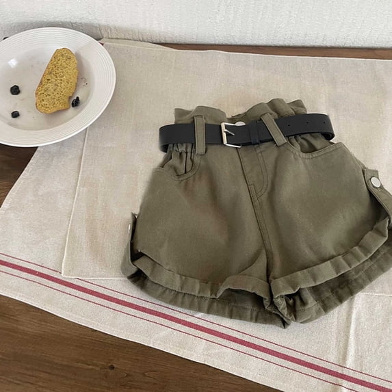 Girls Ruched Waist Roll Hem Denim Shorts with Blet