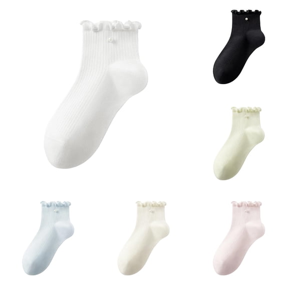 Girls Ruffle Ankle Socks, Frill Cuff Short Socks with Tiny Pearl Decor, Soft Ribbed Solid‑Color Casual Socks for Girls Daily Wear