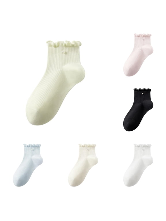 Girls Ruffle Ankle Socks, Frill Cuff Short Socks with Tiny Pearl Decor, Soft Ribbed Solid‑Color Casual Socks for Girls Daily Wear
