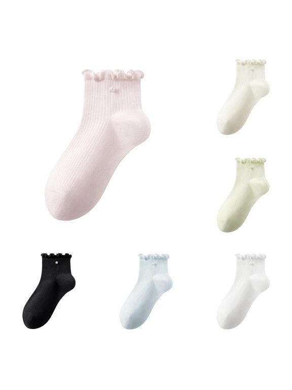 Girls Ruffle Ankle Socks, Frill Cuff Short Socks with Tiny Pearl Decor, Soft Ribbed Solid‑Color Casual Socks for Girls Daily Wear