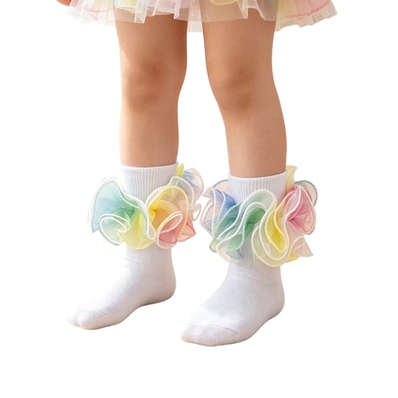 Girls Ruffle Anklet Socks Double Lace Turn Cuff Frilly Dress Socks Toddler Kids Soft Cotton Socks Back School Wedding Party Daily Wear