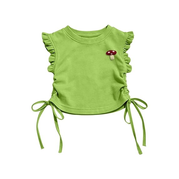 Girls Ruffle Cap Sleeve Crop Top Soft Cotton Mushroom Applique Shirt Kids Side Tie Kids Summer Blouse Green,Size 1-2T