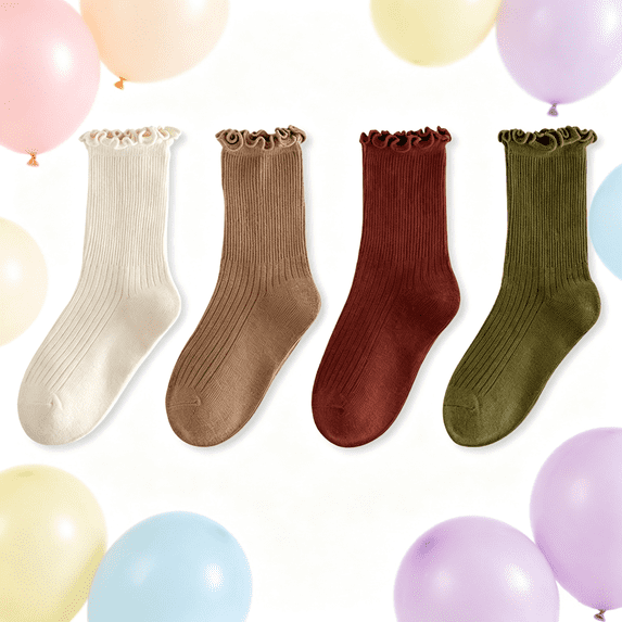 Girls Ruffle Crew Socks 4-Pack Soft Breathable Cotton Wine for School and Daily Wear,Size 3 T